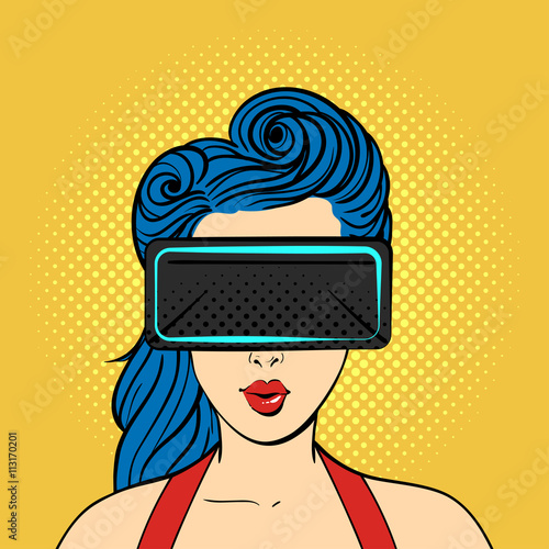 Vector pop art surprised woman wearing virtual reality glasses.