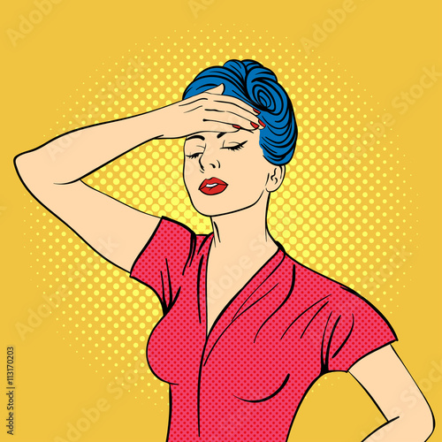Vector hand drawn pop art illustration of young woman.  