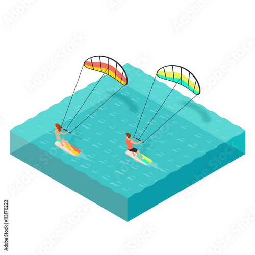 Vector isometric illustration of kite surfers.  