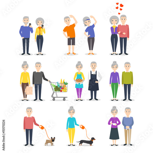 Set of senior people. Different activity: cooking, working   