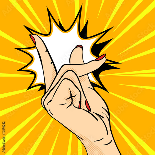 Vector hand drawn pop art illustration of hand. Hand gesture 