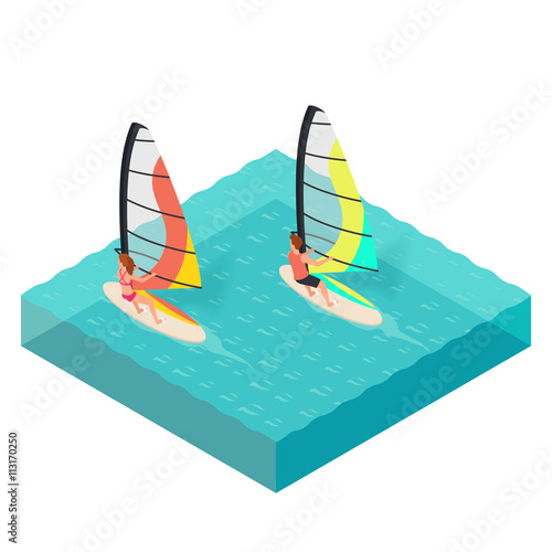 Vector isometric illustration of windsurfers.  