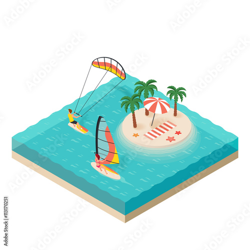 Vector isometric illustration of windsurfer and kite surfer.  