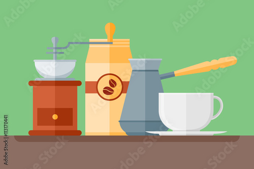 Coffee shop flat style horizontal banner. Coffee cup, pot, grinder and packaging. Vector illustration.