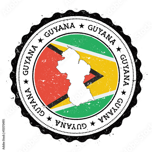 Guyana map and flag in vintage rubber stamp of state colours. Grungy travel stamp with map and flag of Guyana. Country map and flag vector illustration.