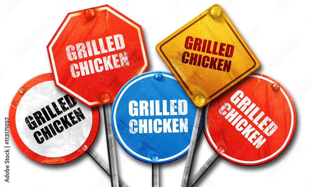 grilled chicken, 3D rendering, street signs grilled chicken, 3D rendering, street signs