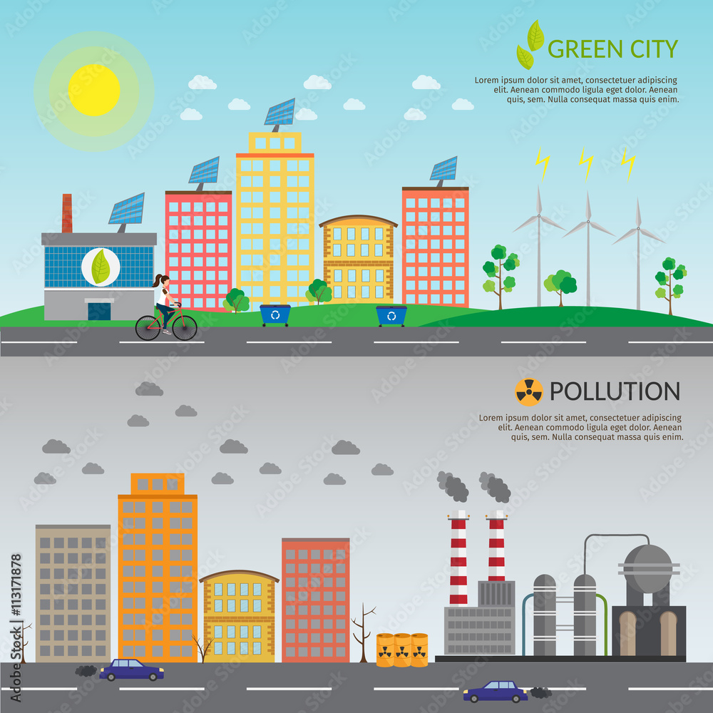 Ecology infographic vector elements illustration and environmental risks and pollution. City life set.