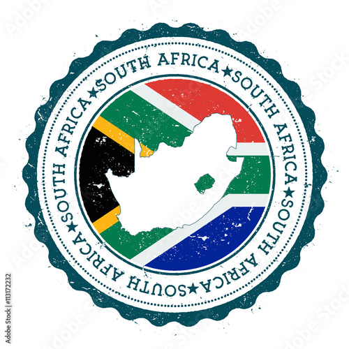 South Africa map and flag in vintage rubber stamp of state colours. Grungy travel stamp with map and flag of South Africa. Country map and flag vector illustration.