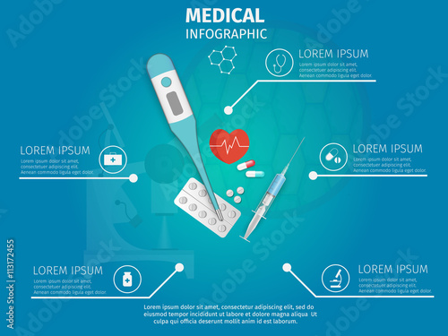 Medical infographics. Vertor tools set bag and pills.