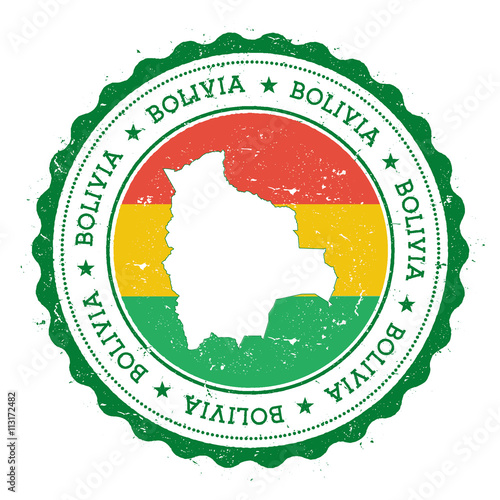 Bolivia map and flag in vintage rubber stamp of state colours. Grungy travel stamp with map and flag of Bolivia. Country map and flag vector illustration.