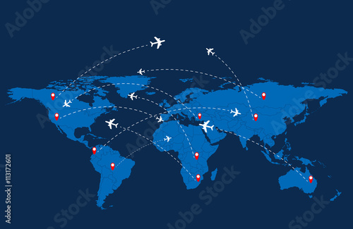 World travel map with airplanes. Vector illustration.