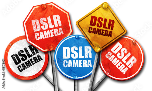 DSLR camera, 3D rendering, street signs