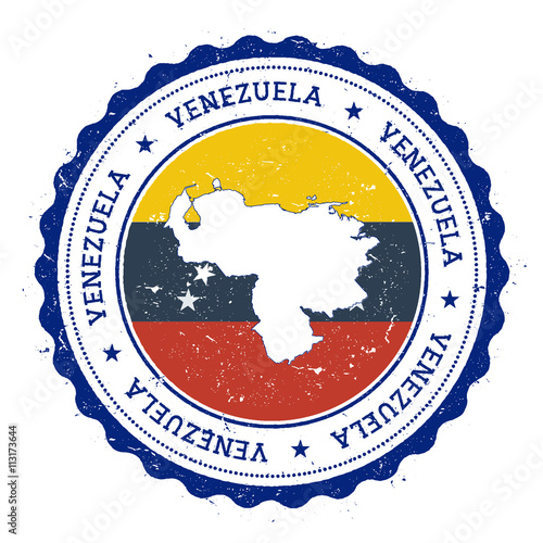 Venezuela, Bolivarian Republic of map and flag in vintage rubber stamp of state colours.. Grungy travel stamp with map and flag of Venezuela, Bolivarian Republic of.