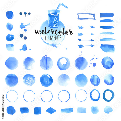 Set of hand drawn watercolor elements, brushes, splash, frames, stains, ribbons, pattern and background. Vector illustrations for graphic and web design.