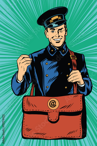 Friendly retro postman in blue uniform with bag