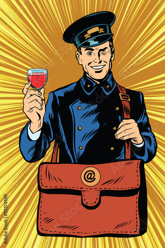 Smiling retro postman with a greeting glass of wine