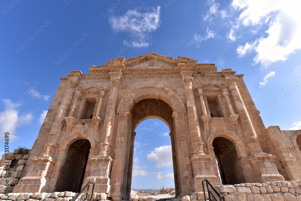 Arch of Hadrian in Jerash, Jordan is an 11-metre high triple-arched gateway erected to honor the visit of Roman Emperor Hadrian to the city 