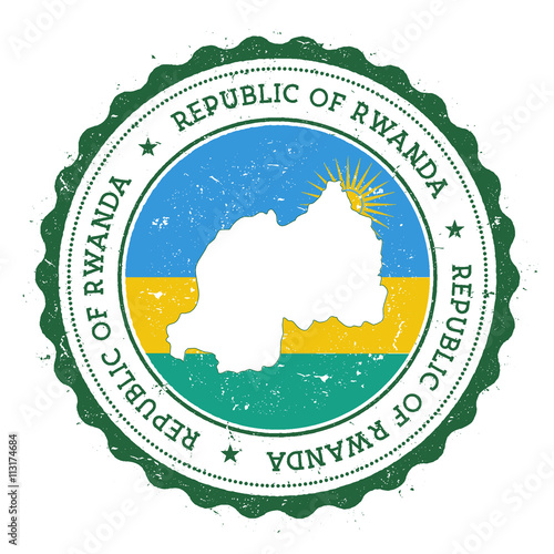Rwanda map and flag in vintage rubber stamp of state colours. Grungy travel stamp with map and flag of Rwanda. Country map and flag vector illustration.