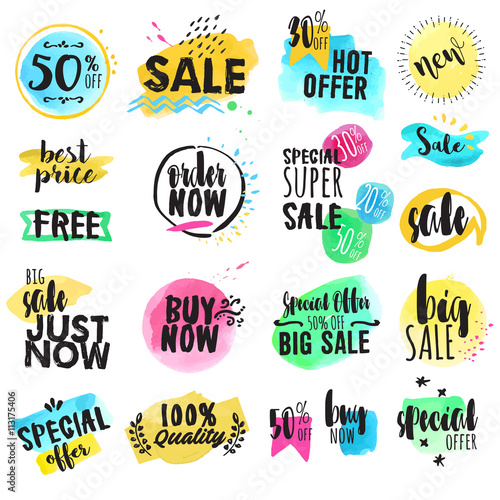 Set of hand drawn watercolor labels and stickers for sale. Vector illustrations for graphic and web design, for shopping, e-commerce, sale and discount, product promotion, web banner and badges.
