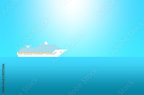 Summer sea landscape with blue sea and blue sky with shining sun and ocean with a large transatlantic cruise ship with windows  orange lifeboat and a black anchor with chain floating on the horizon