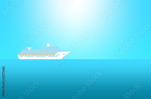 Summer sea landscape with blue sea and blue sky with shining sun and ocean with a large transatlantic cruise ship with windows, orange lifeboat and a black anchor with chain floating on the horizon