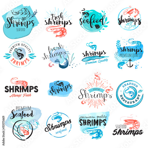 Set of hand drawn watercolor signs of seafood. Vector illustrations for graphic and web design, for restaurant, menu, market.