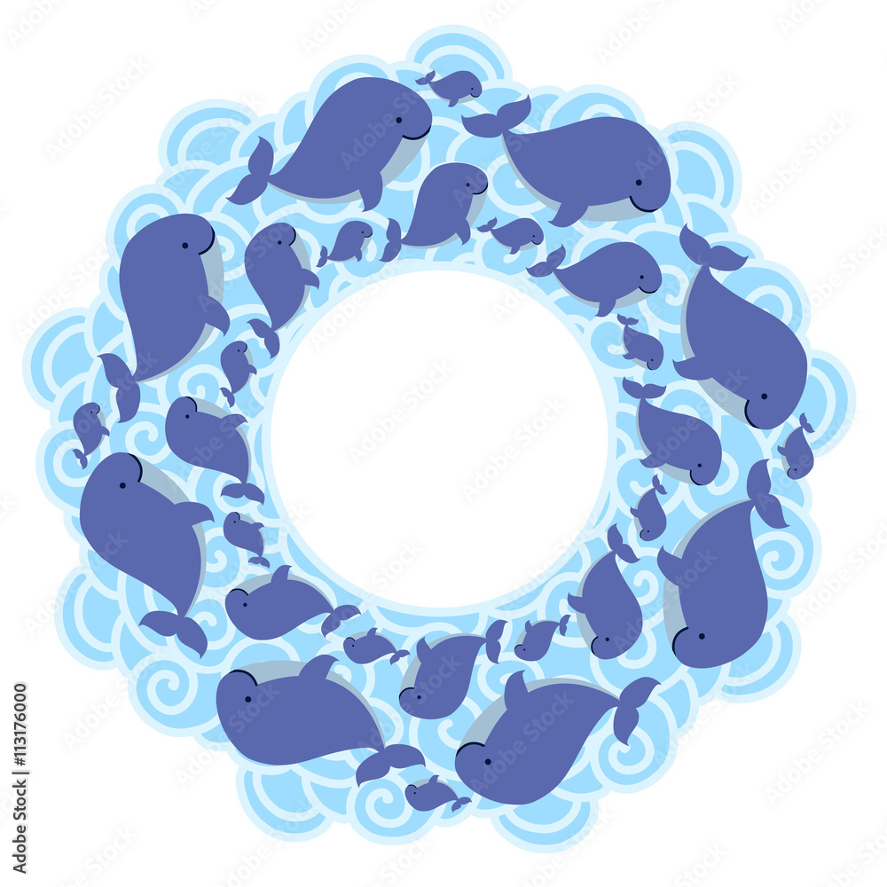 Obraz premium Card template with cute cartoon whale shoal in waves.