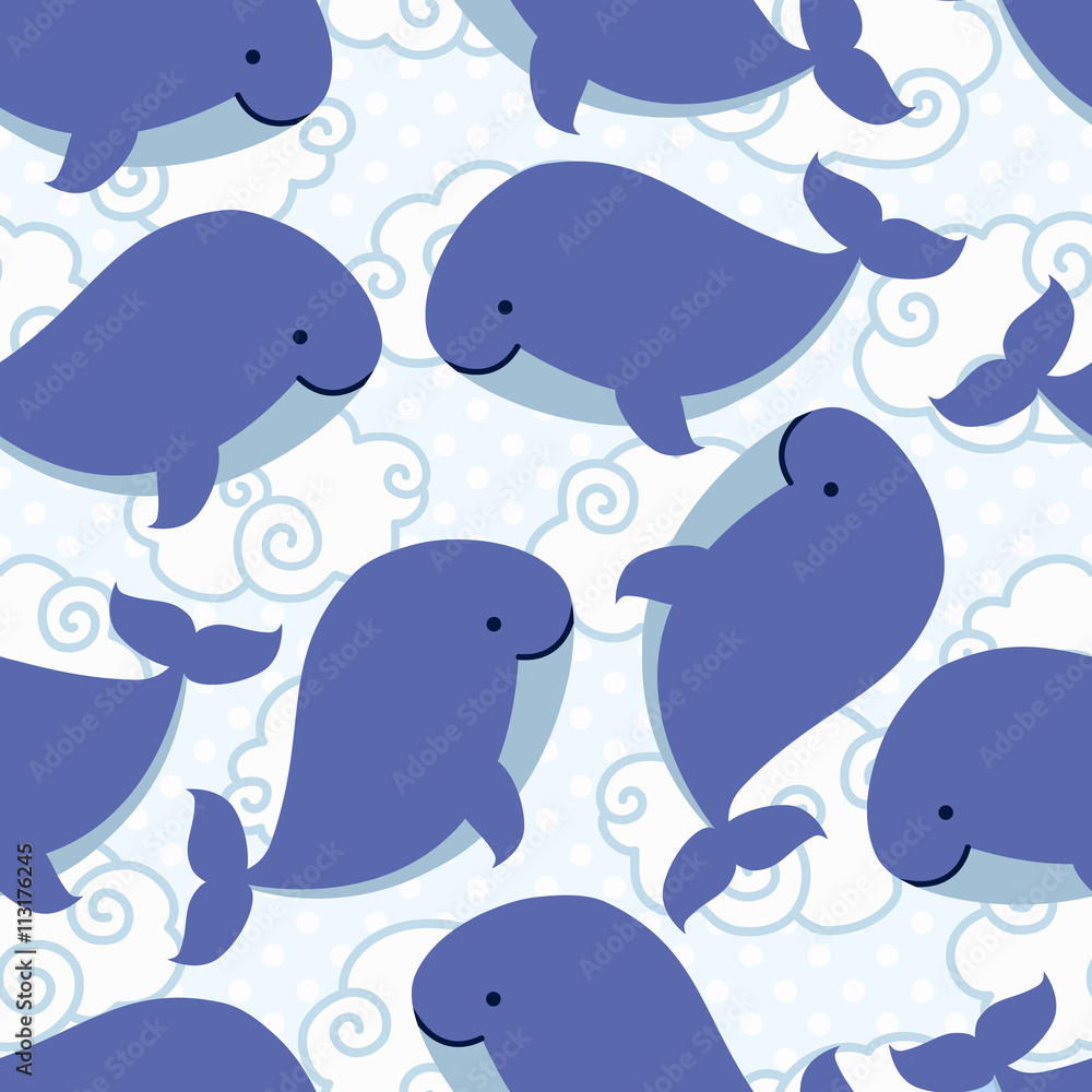 Seamless pattern with cute cartoon whale in clouds. Seamless pattern with cute cartoon whale in clouds.