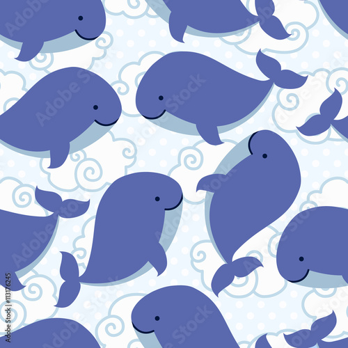 Seamless pattern with cute cartoon whale in clouds.