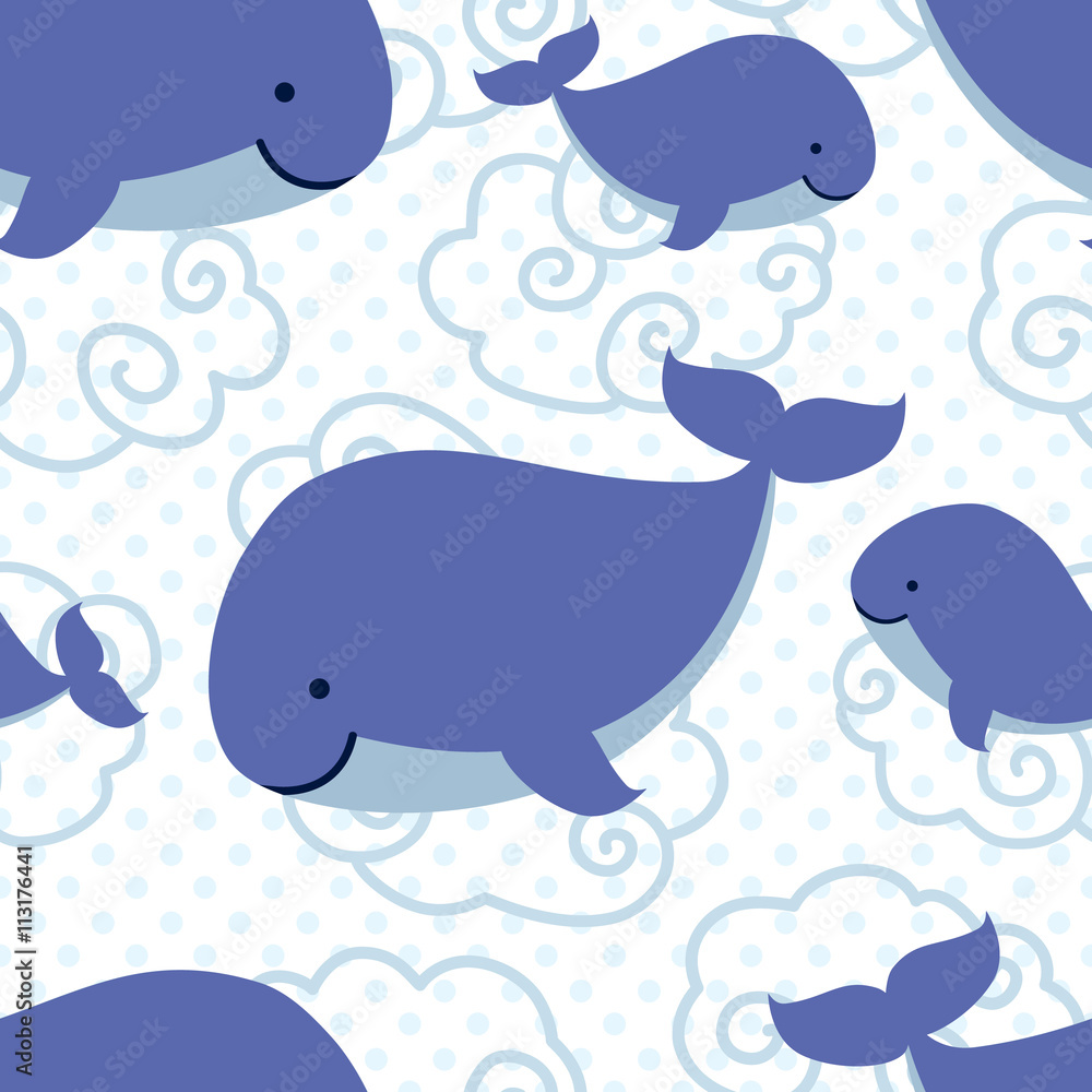 Seamless pattern with cute cartoon whales.