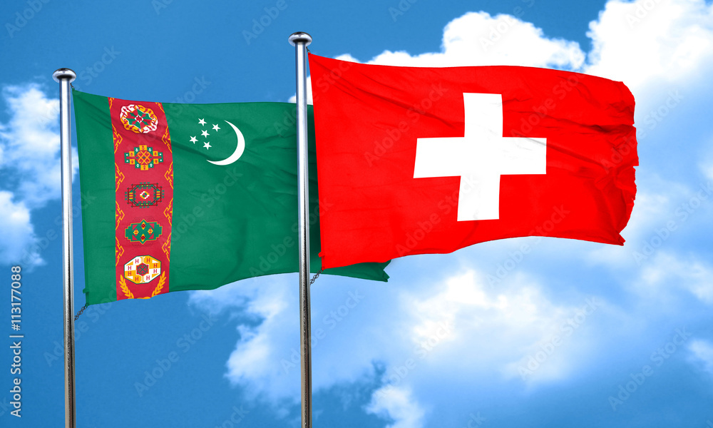 Turkmenistan flag with Switzerland flag, 3D rendering