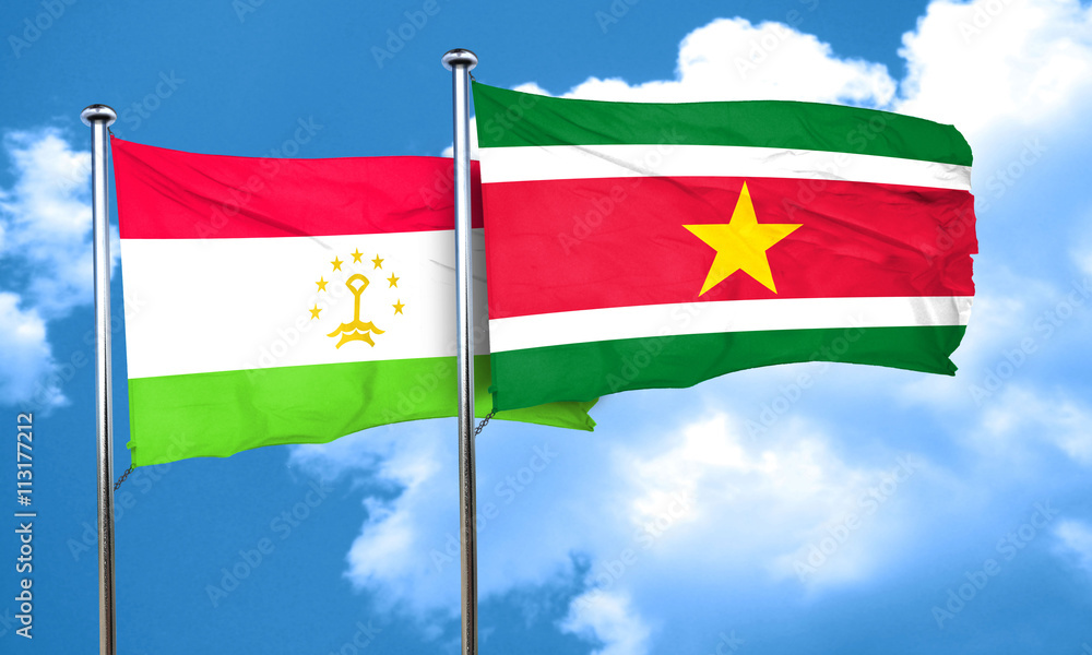 Tajikistan flag with Suriname flag, 3D rendering