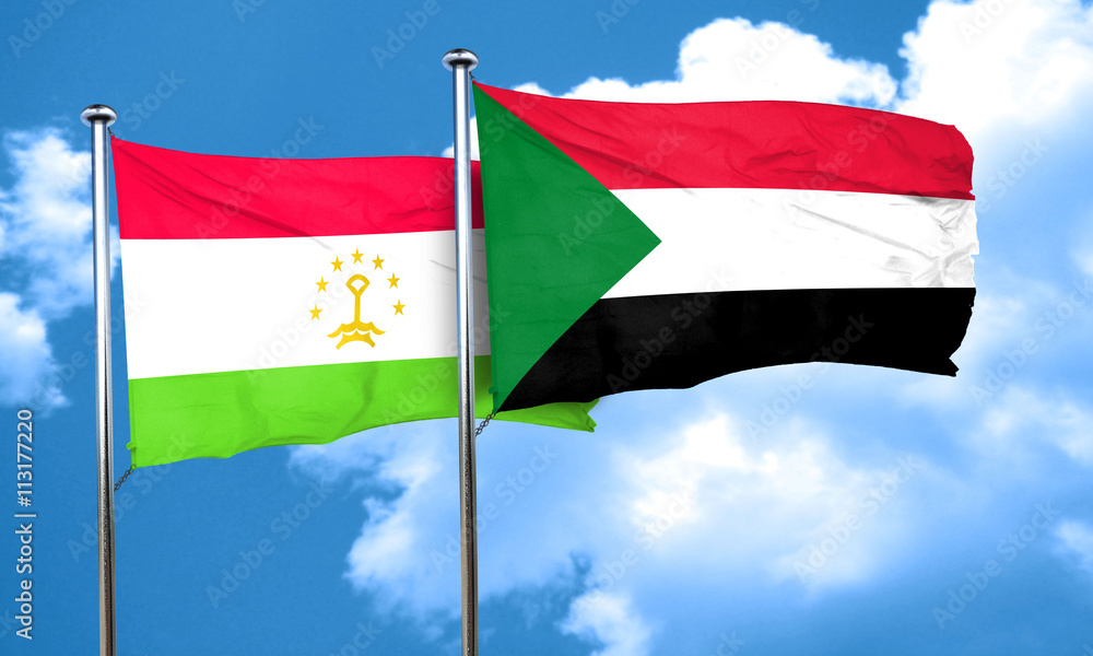 Tajikistan flag with Sudan flag, 3D rendering Tajikistan flag with Sudan flag, 3D rendering