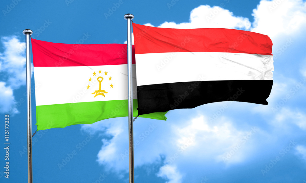 Tajikistan flag with Yemen flag, 3D rendering Tajikistan flag with Yemen flag, 3D rendering