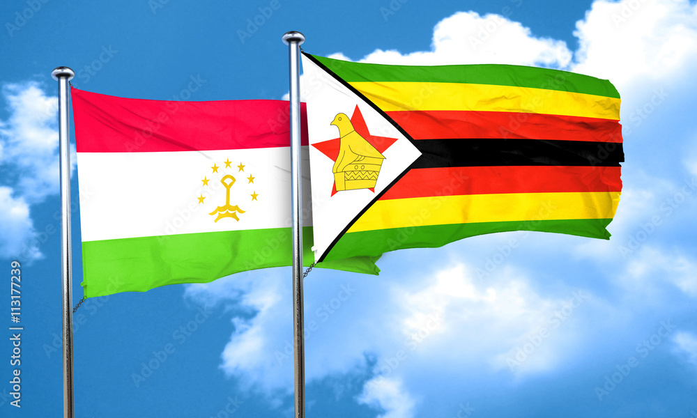 Tajikistan flag with Zimbabwe flag, 3D rendering Tajikistan flag with Zimbabwe flag, 3D rendering