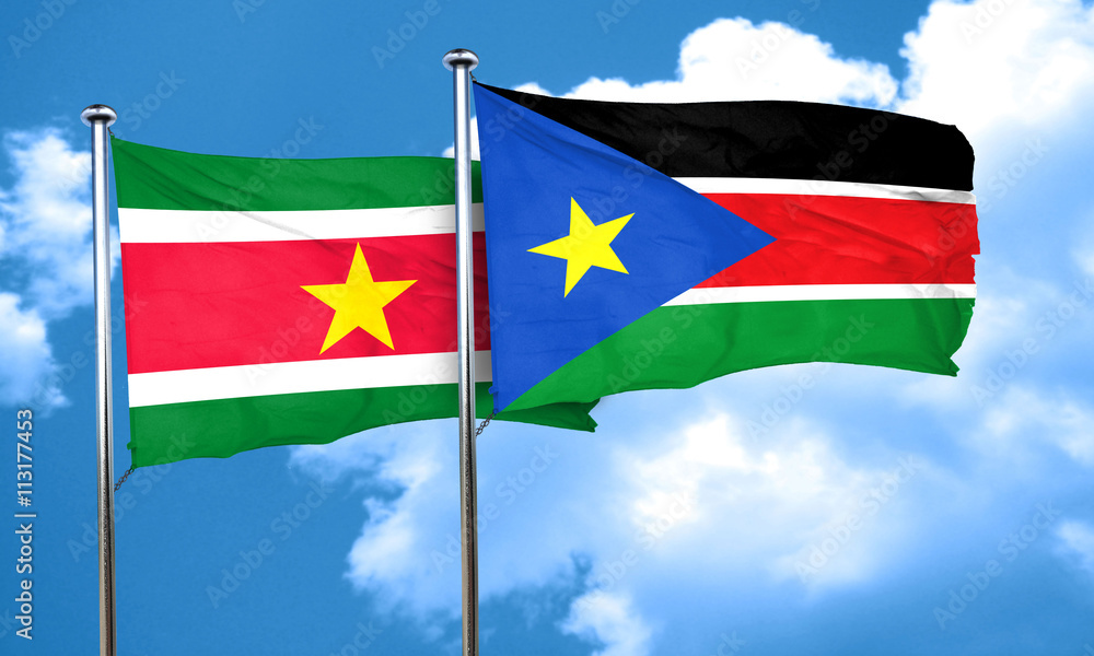 Suriname flag with South Sudan flag, 3D rendering Suriname flag with South Sudan flag, 3D rendering