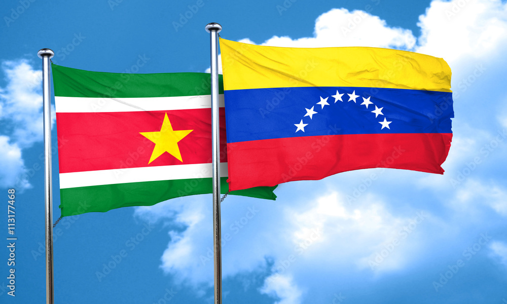 Suriname flag with Venezuela flag, 3D rendering Suriname flag with Venezuela flag, 3D rendering