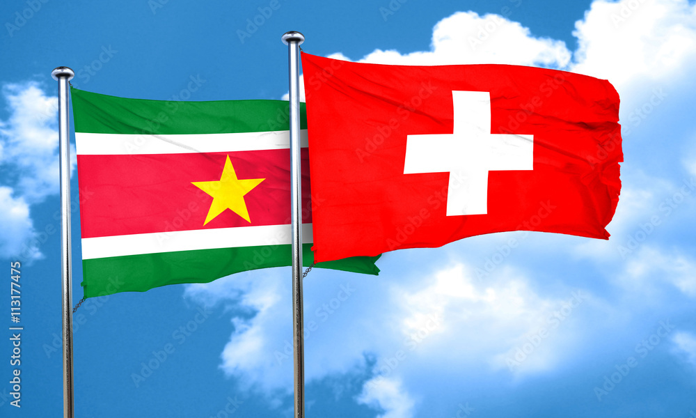 Suriname flag with Switzerland flag, 3D rendering