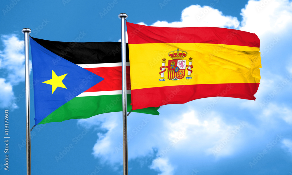 south sudan flag with Spain flag, 3D rendering south sudan flag with Spain flag, 3D rendering