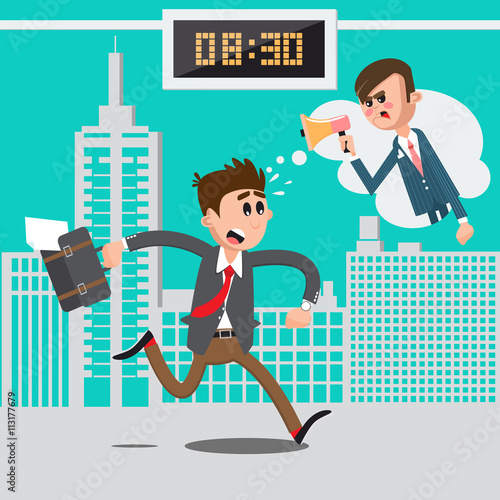 Businessman Late for Work. Angry Boss Screaming in Megaphone. Man Hurry to Work. Vector illustration