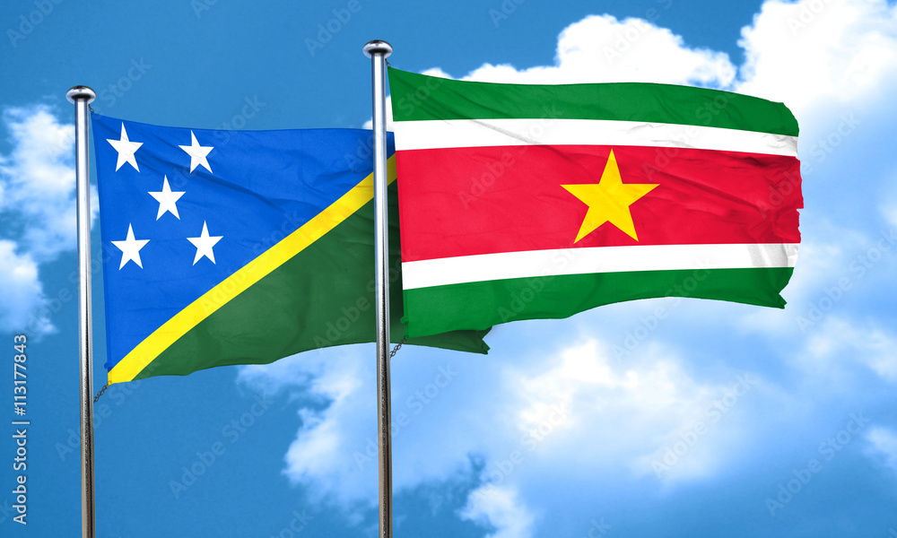 Solomon islands flag with Suriname flag, 3D rendering Solomon islands flag with Suriname flag, 3D rendering