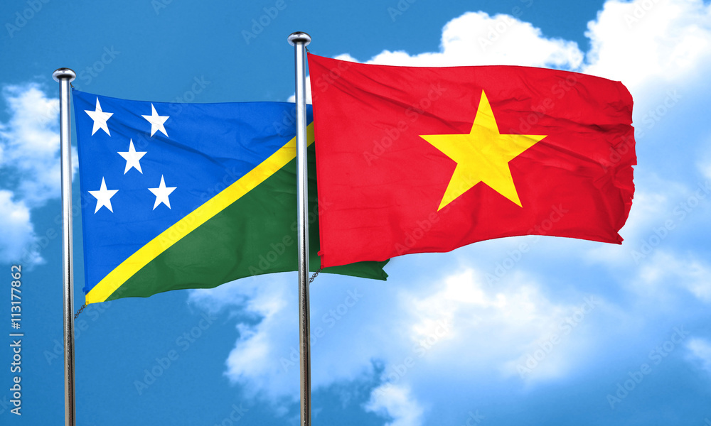 Solomon islands flag with Vietnam flag, 3D rendering Solomon islands flag with Vietnam flag, 3D rendering