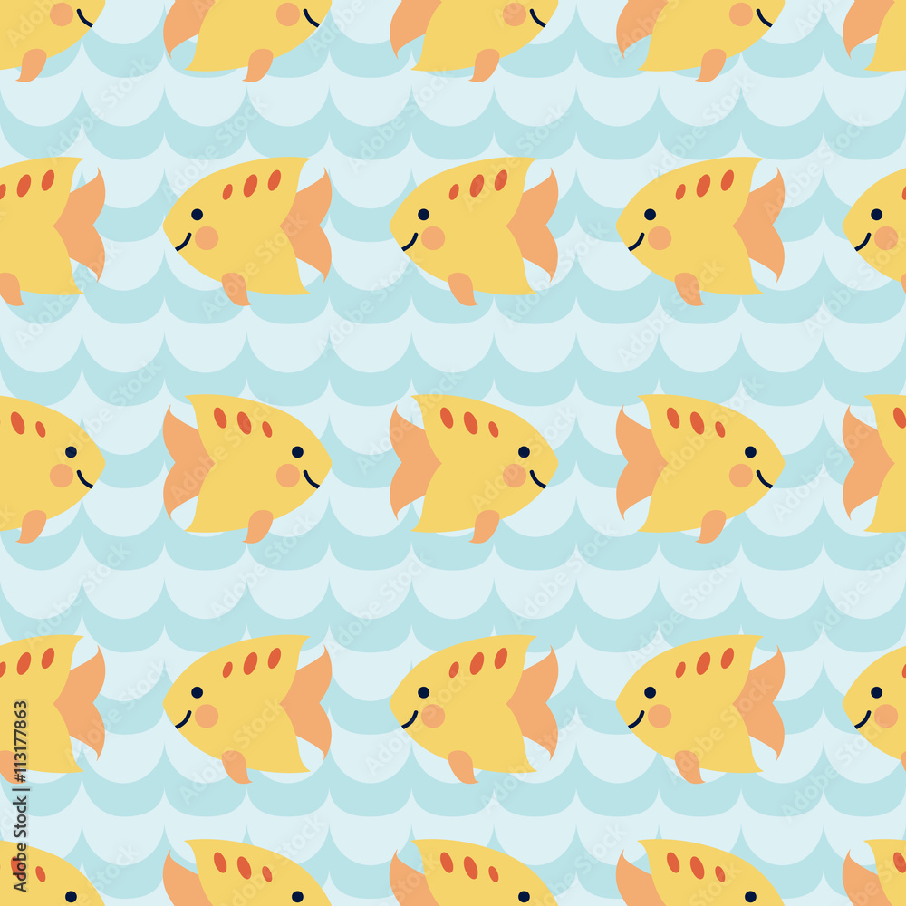Seamless pattern with flock of cute cartoon smiling fishes. Seamless pattern with flock of cute cartoon smiling fishes.