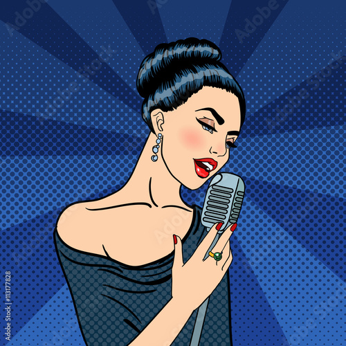 Singing Woman. Beautiful Young Woman with Microphone. Pop Art. Vector illustration