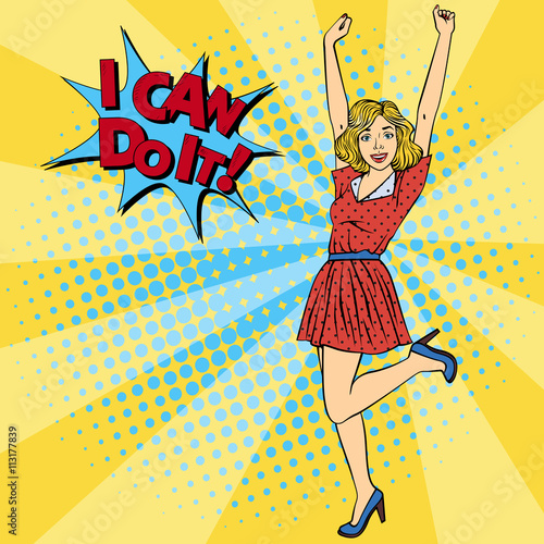 Happy Woman. Young Beautiful Woman with Raised Hands Up. Pop Art. Vector illustration