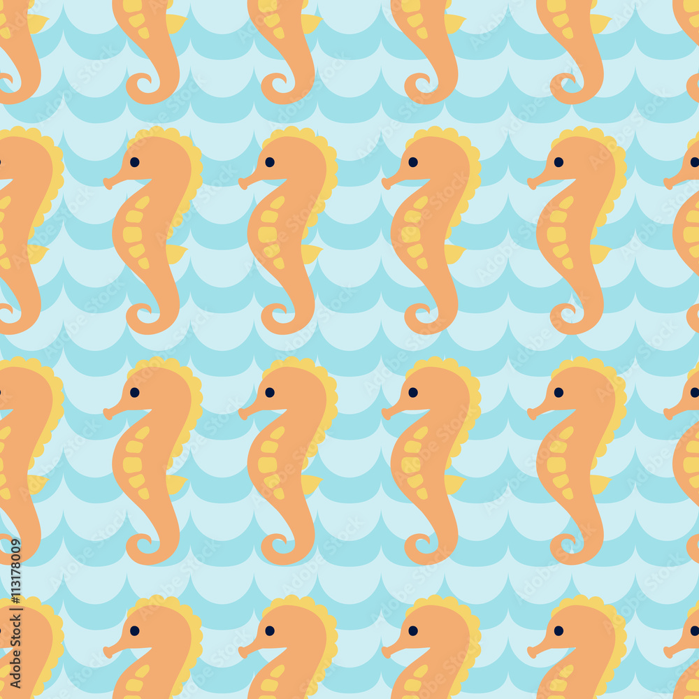 Seamless pattern with flock of cartoon seahorses on blue background.