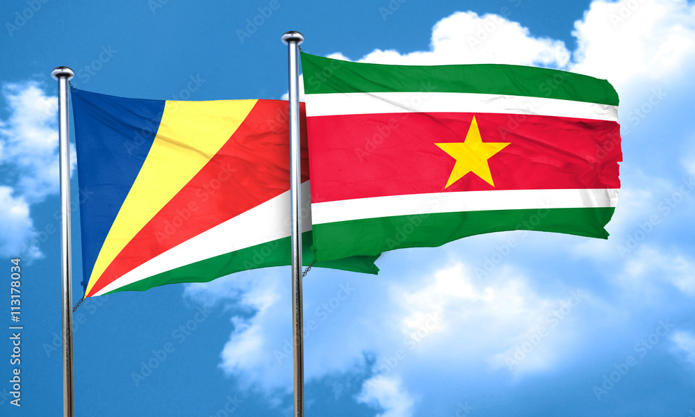 seychelles flag with Suriname flag, 3D rendering seychelles flag with Suriname flag, 3D rendering