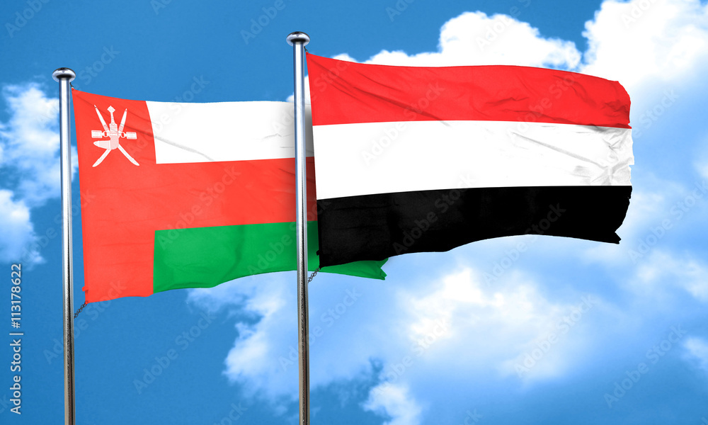 Oman flag with Yemen flag, 3D rendering Oman flag with Yemen flag, 3D rendering