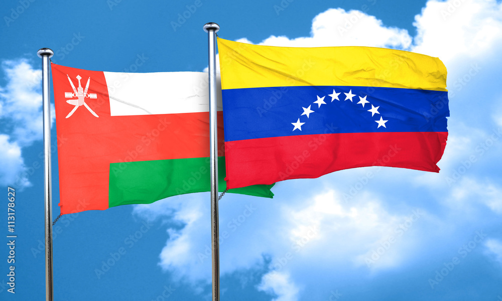 Oman flag with Venezuela flag, 3D rendering Oman flag with Venezuela flag, 3D rendering