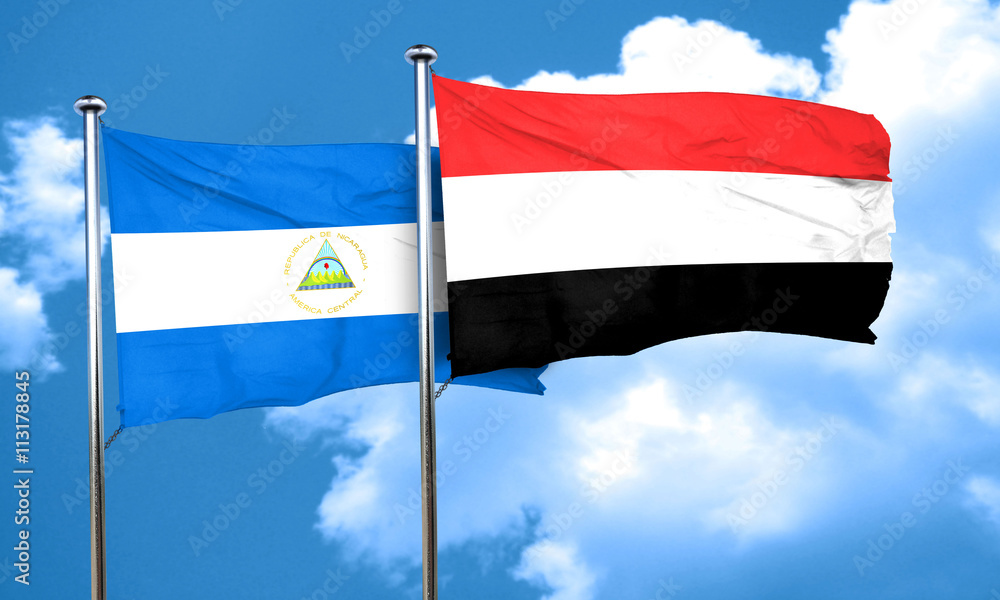 nicaragua flag with Yemen flag, 3D rendering nicaragua flag with Yemen flag, 3D rendering